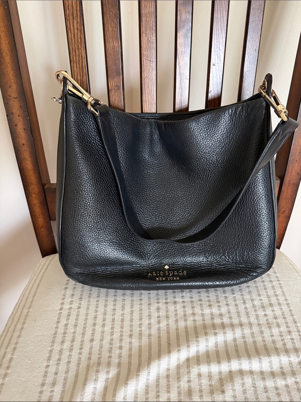 kate spade Black Pebbled Leather Hobo Shoulder Bag with Gold Logo